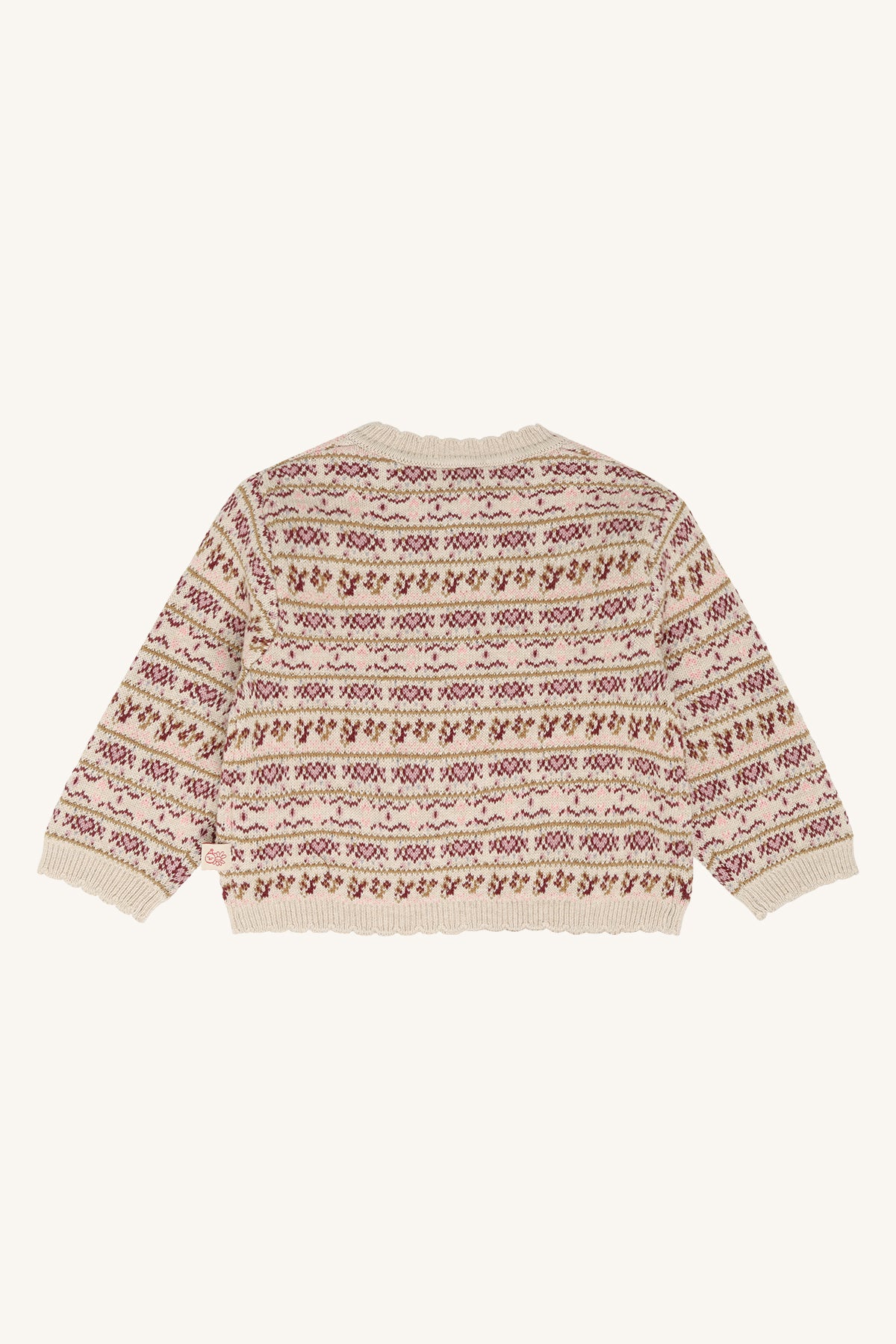 Rückansicht der Hust & Claire Cilja Nordic Strickjacke für Babys mit rot beigem Norwegermuster, Bärechind Schweiz.