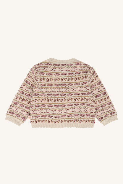Rückansicht der Hust & Claire Cilja Nordic Strickjacke für Babys mit rot beigem Norwegermuster, Bärechind Schweiz.