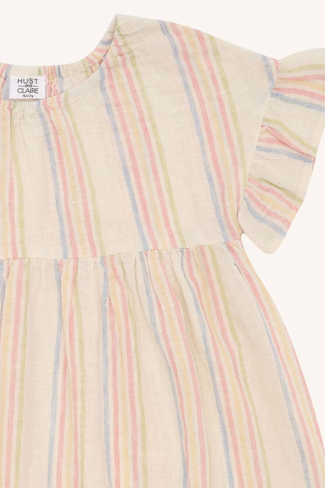 Detailansicht Stoff und Volantärmel vom Hust&Claire Karoline Hello Kleid, Baumwolle-Leinen-Mix, Bärechind Winterthur Zürich Schweiz.