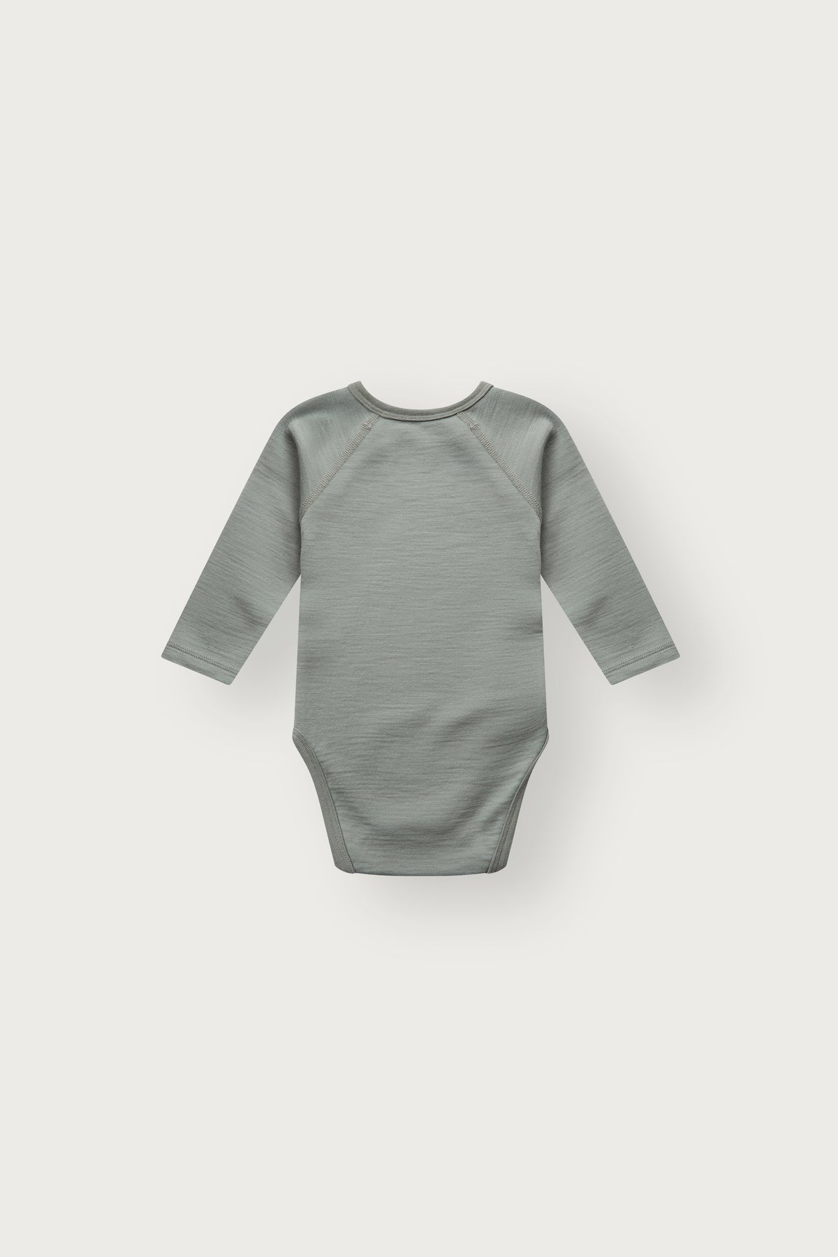 Wickelbody aus Merinowolle für Neugeborene, Rückansicht in Slate Green
