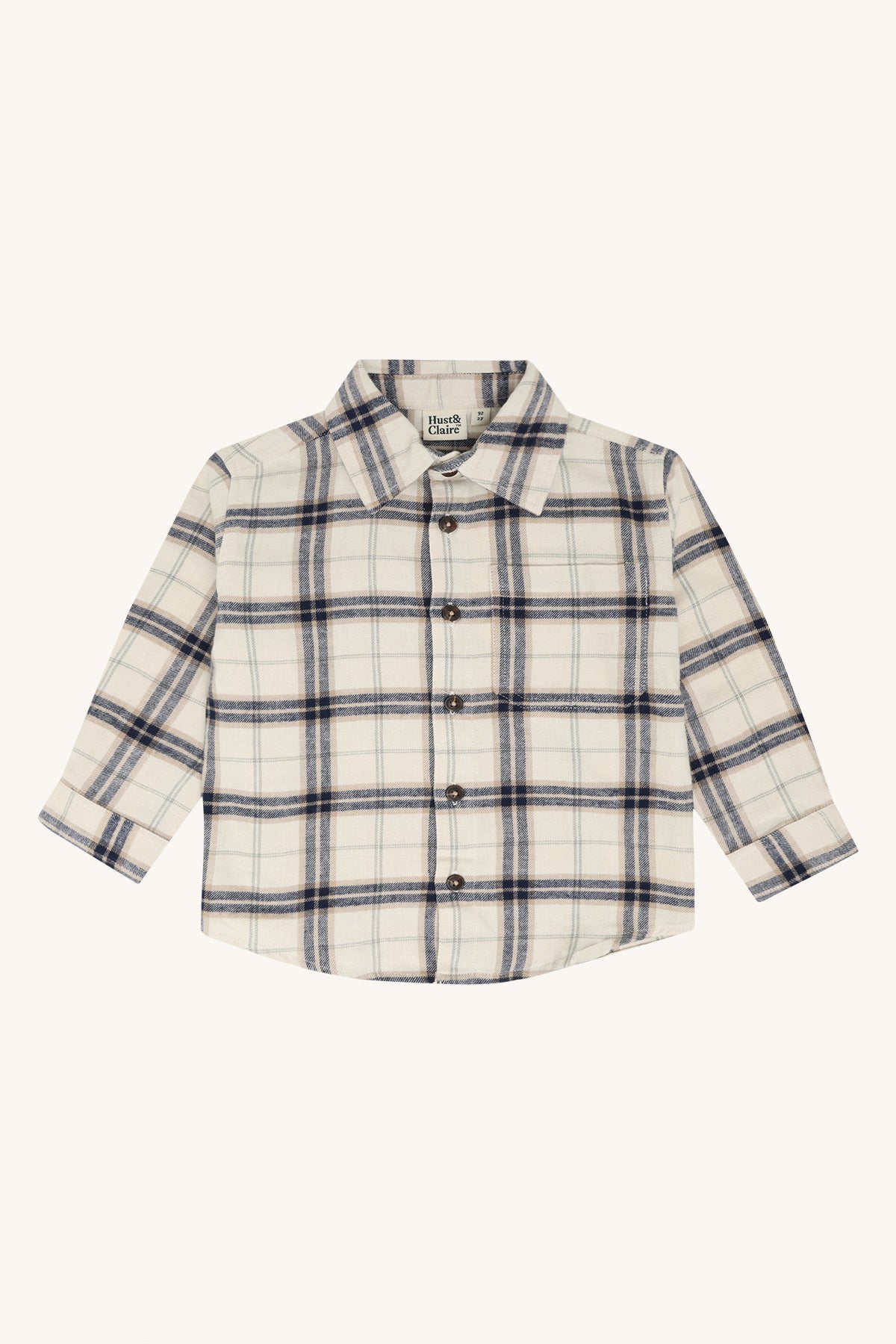 Hust & Claire Ravn Kinderhemd in French Oak mit blau beigem Karomuster, langen Ärmeln und Knopfleiste, Bärechind Winterthur.