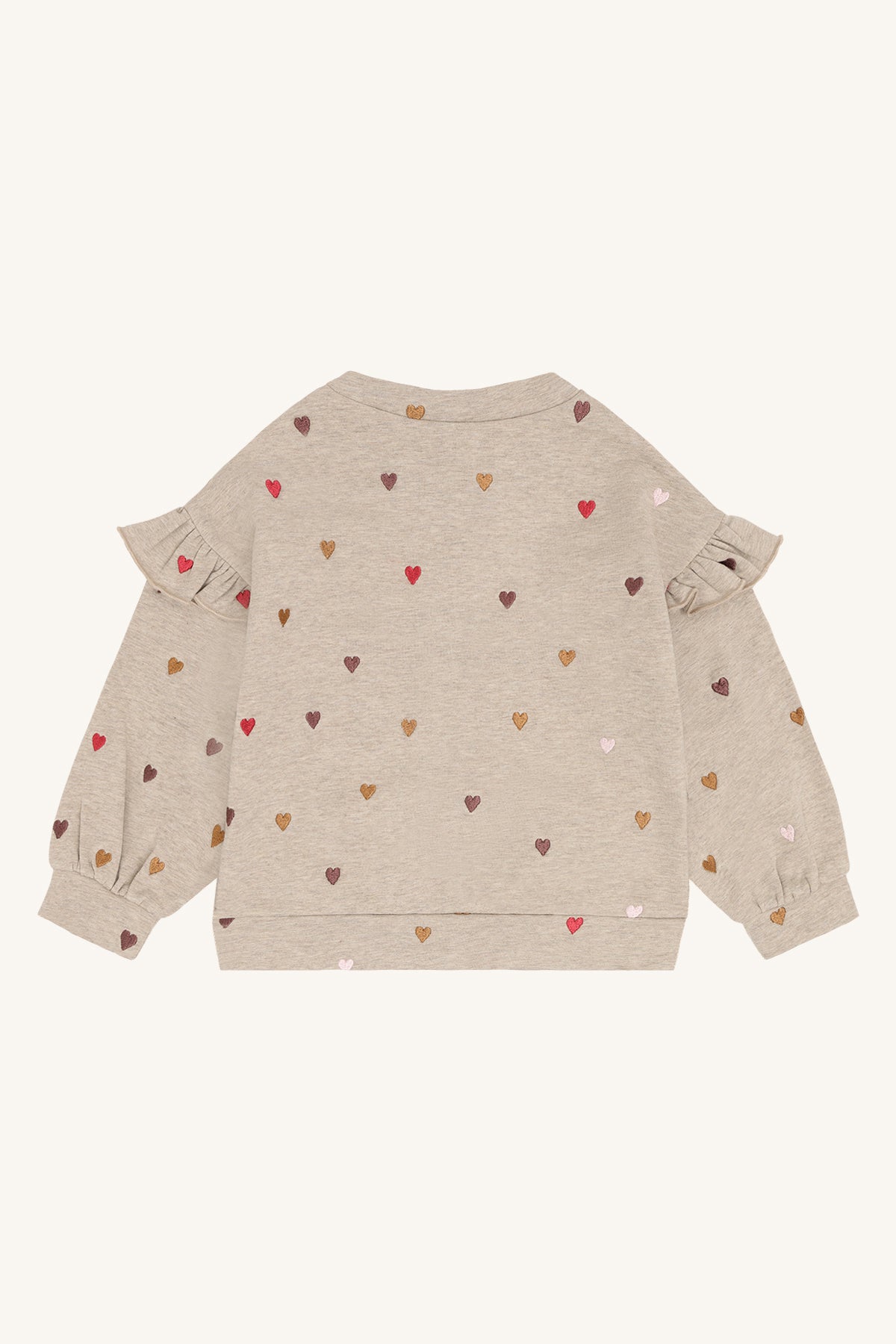 Rückansicht des weichen Baumwoll-Langarmshirts mit Rüschendetail an den Schultern