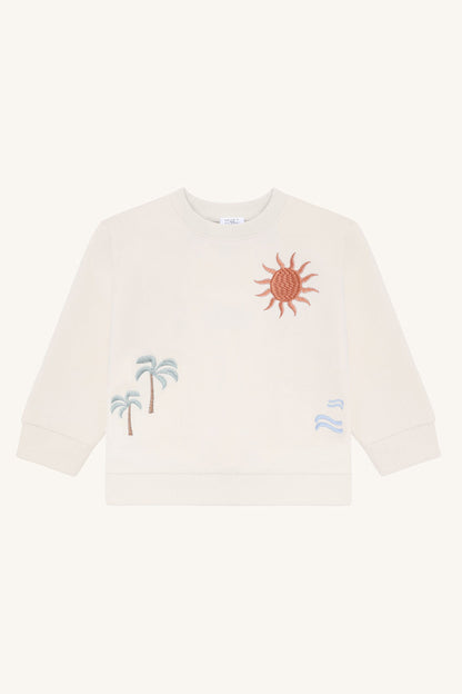 Hust&Claire Sejer Palms Sweatshirt aus Bio-Baumwolle in Sandshell mit Stickereien, Bärechind Winterthur, Zürich, Schweiz.