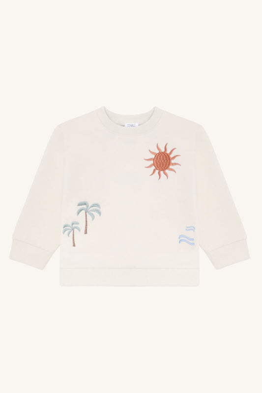 Hust&Claire Sejer Palms Sweatshirt aus Bio-Baumwolle in Sandshell mit Stickereien, Bärechind Winterthur, Zürich, Schweiz.