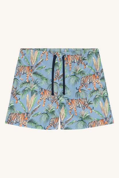 Badeshorts Haki von Hust&Claire mit Tigerprint, Vorderansicht, Bärechind Winterthur, Zürich, Schweiz.