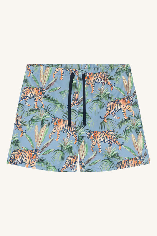 Badeshorts Haki von Hust&Claire mit Tigerprint, Vorderansicht, Bärechind Winterthur, Zürich, Schweiz.