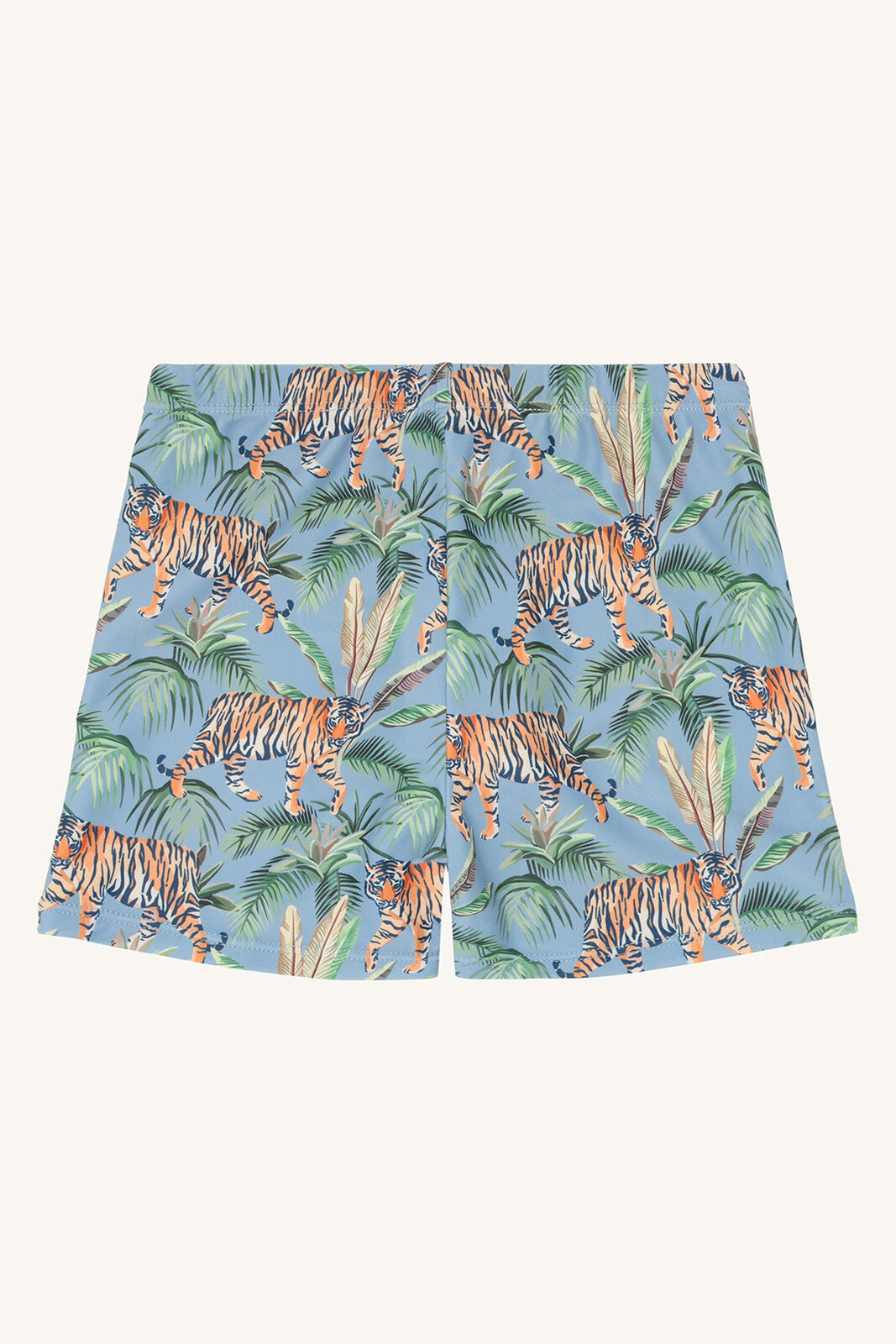 Rückansicht der Badeshorts Haki von Hust&Claire mit Tigermuster, Bärechind Winterthur, Zürich, Schweiz.