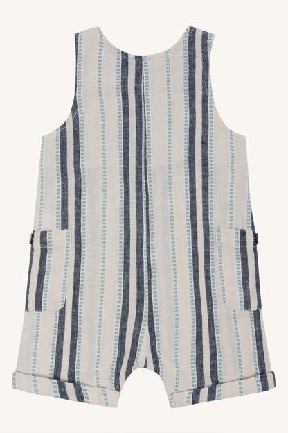 Rückansicht vom Hust&Claire Mik Holiday Shorts Strampler aus Leinen-Baumwoll-Mix, Bärechind Winterthur, Zürich, Schweiz.