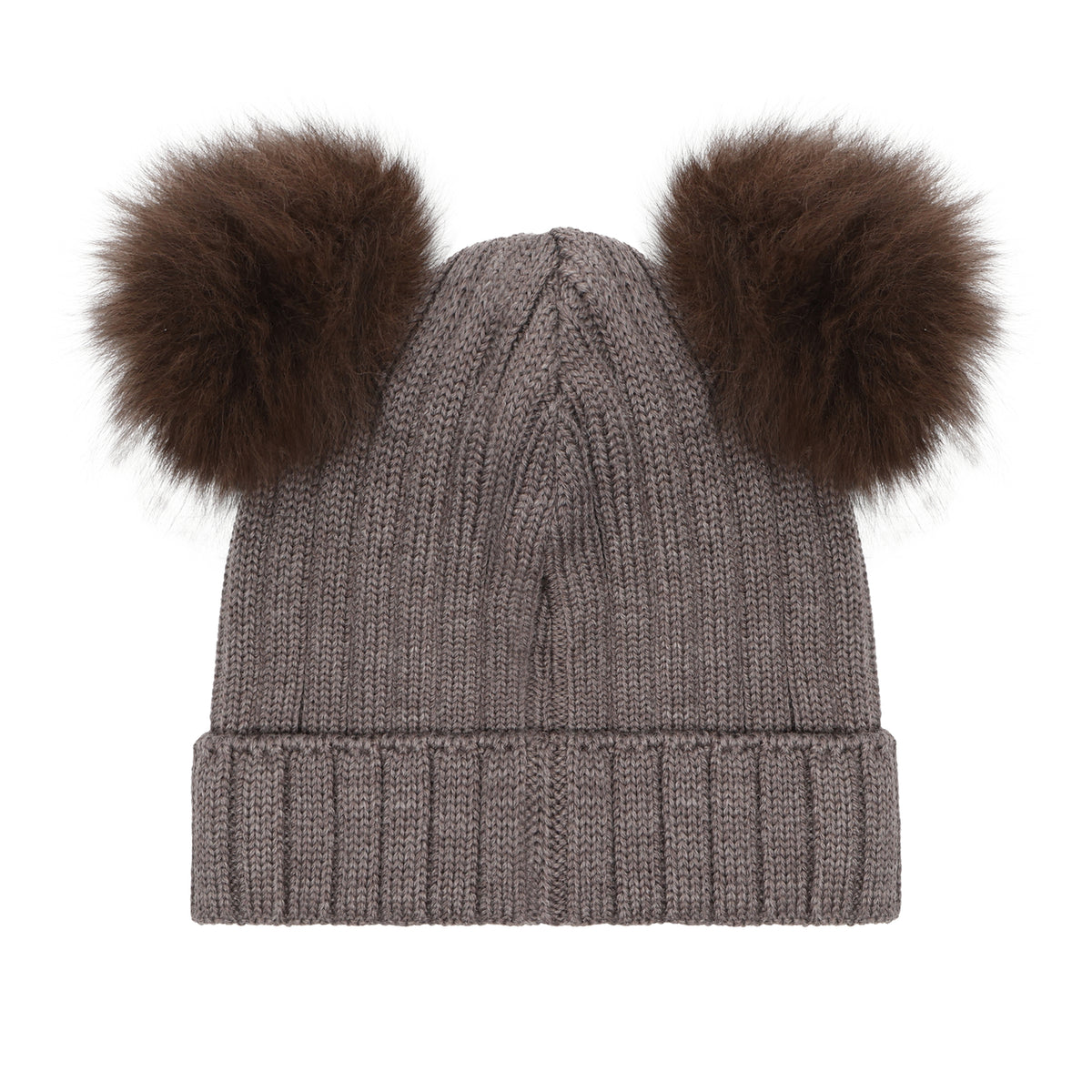 Rückansicht der Merino Strickmütze mit Bommeln in Brown