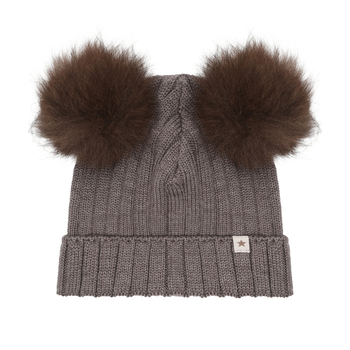 Huttelihut Merino Strickmütze mit Bommeln in Brown, Vorderansicht