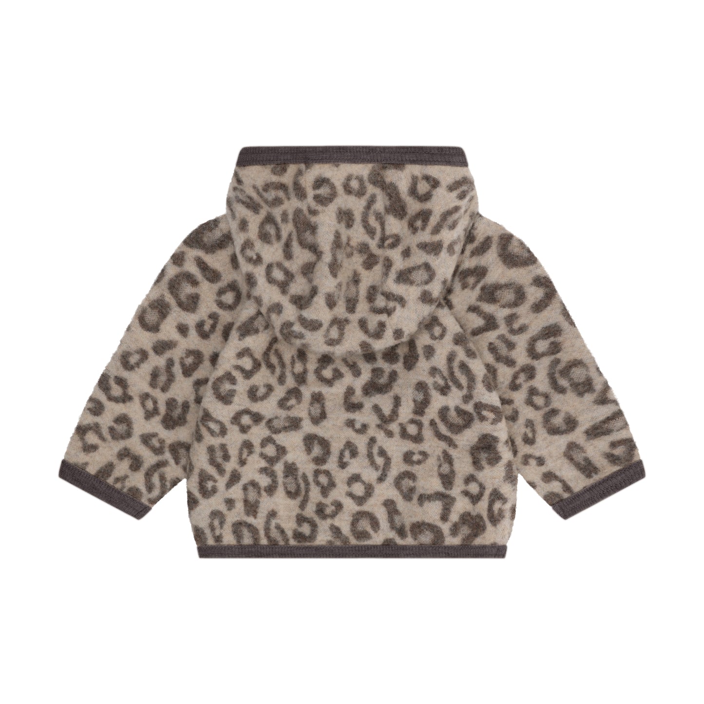 Rückansicht der Merino Wollfleece Jacke mit Leopardenprint in Brown