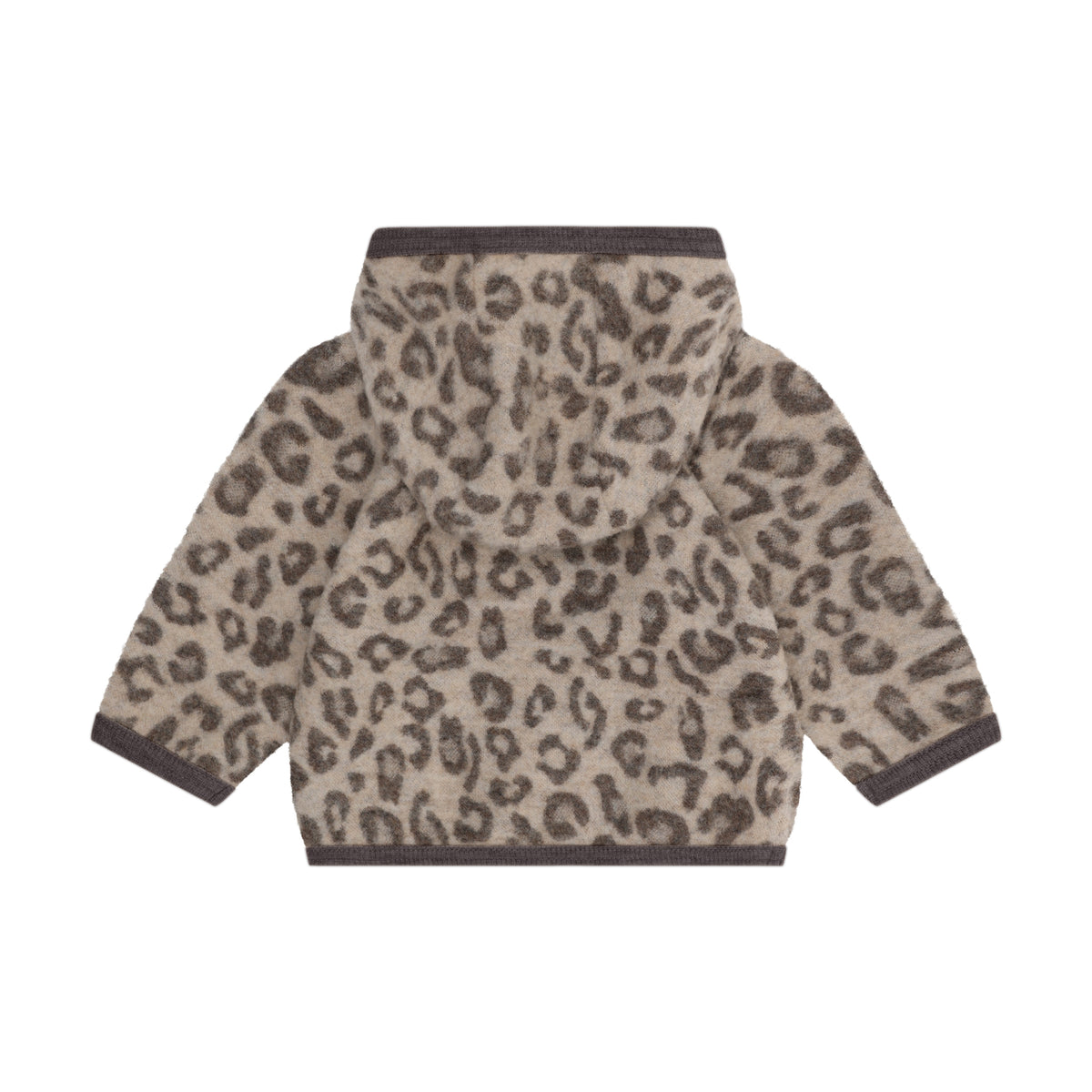 Rückansicht der Merino Wollfleece Jacke mit Leopardenprint in Brown