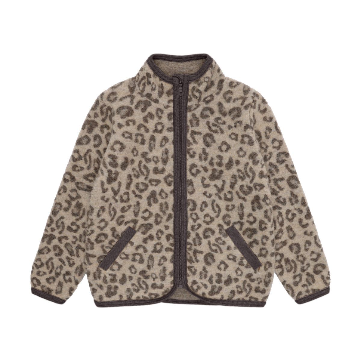Huttelihut Merino Wollfleece Jacke mit Leopardenprint in Brown, Vorderansicht