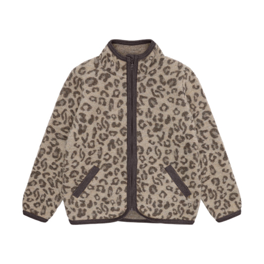 Huttelihut Merino Wollfleece Jacke mit Leopardenprint in Brown, Vorderansicht