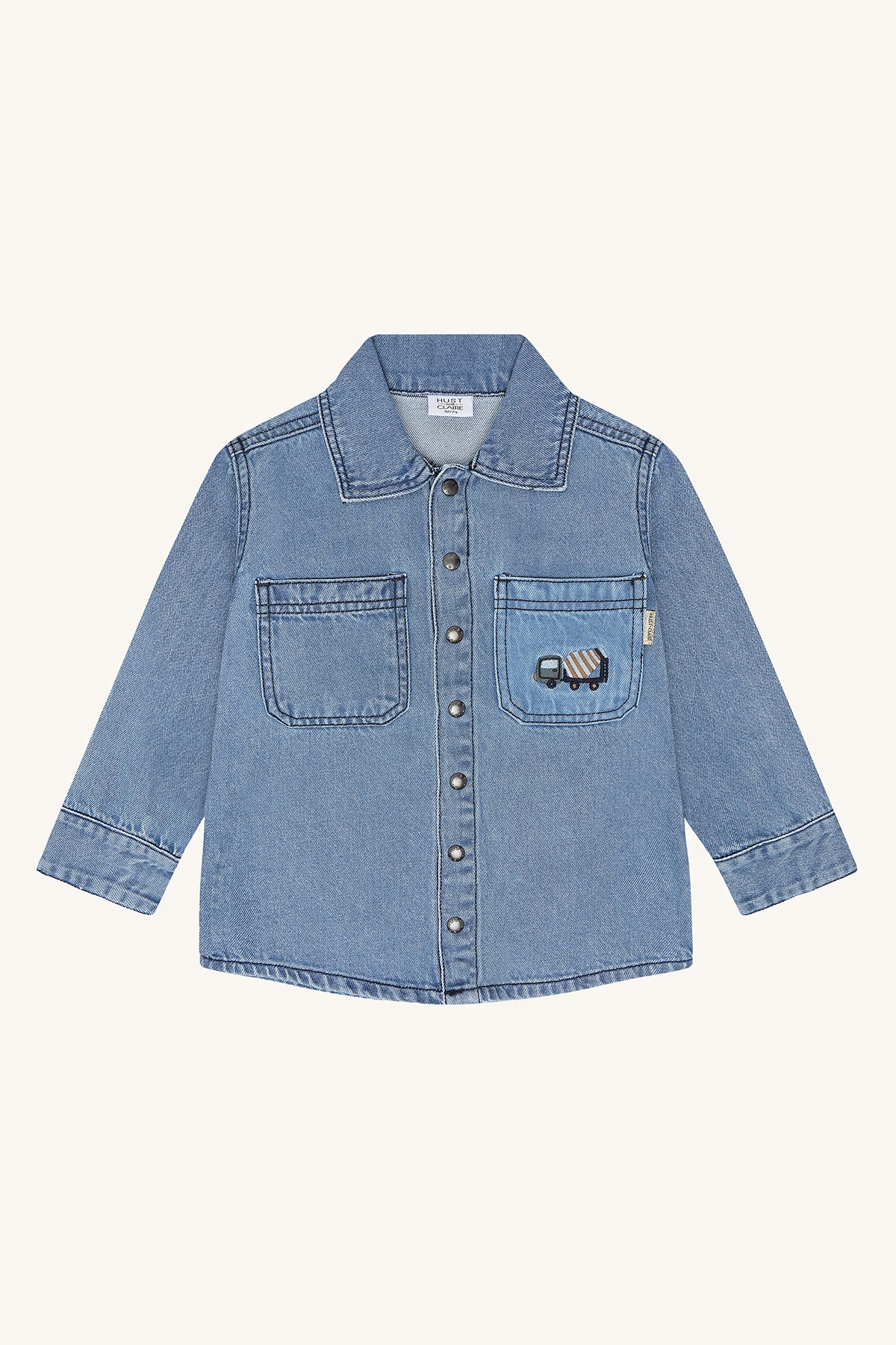 Jeanshemd Jack mit Betonmischer-Stickerei in Blue Denim, Vorderansicht (Produktfoto, weicht vom gelieferten Modell ab)
