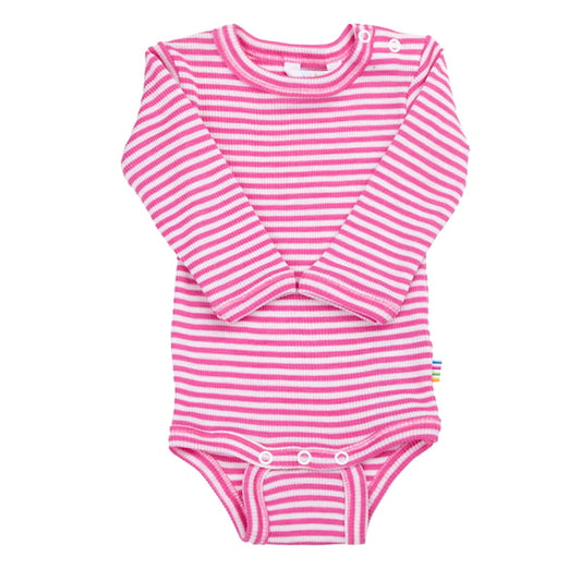 Langärmliger Body von Joha aus Wolle/Seide in Rosa-Weiss mit Streifen, Druckknöpfe auf der Schulter, Grössen 70 bis 100.
