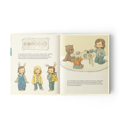 Kinder spielen gemeinsam am Tisch, Innenseite aus dem Bilderbuch Trennungsherz