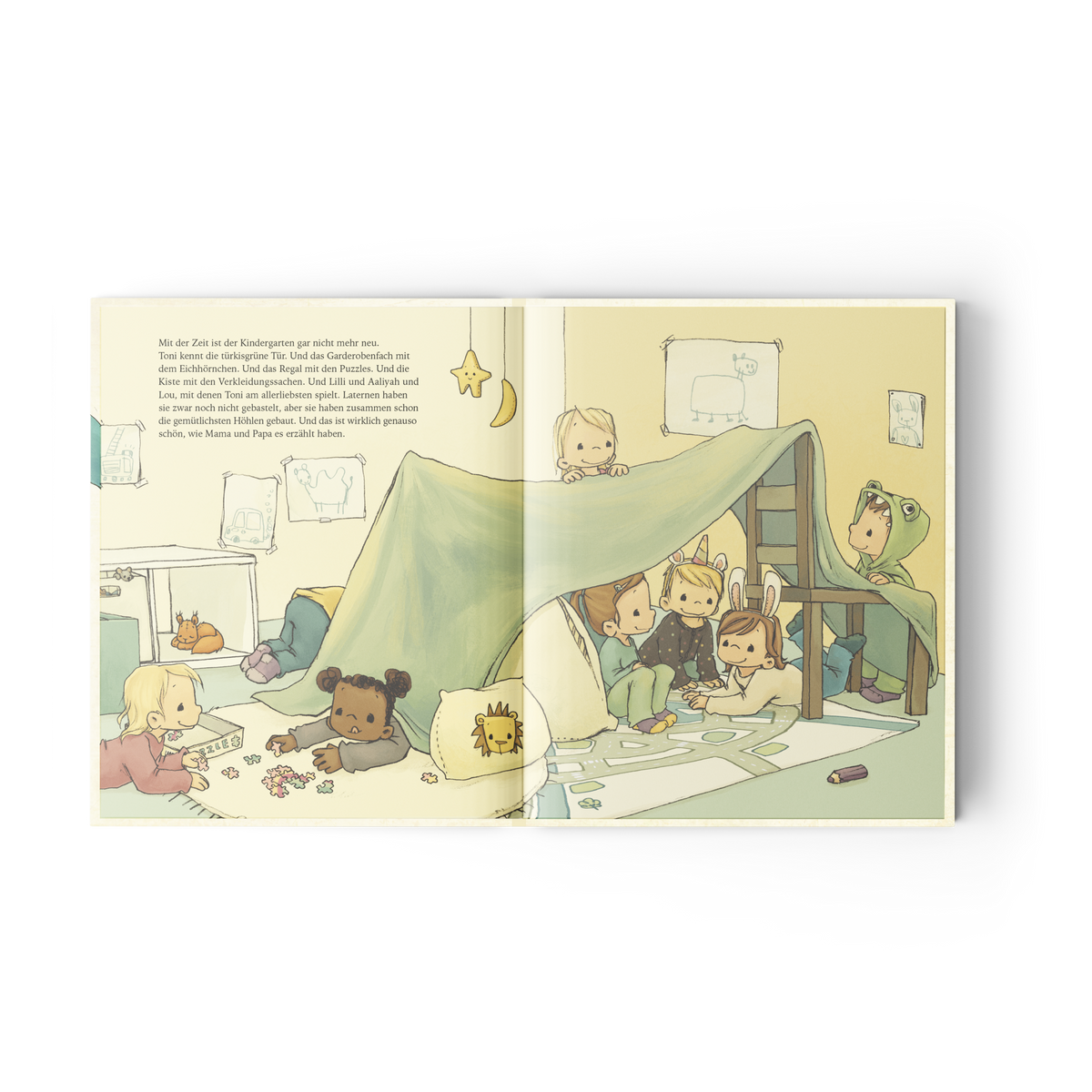 Bärechind Bilderbuch Trennungsherz, geborgene Kuschelszene unter der Decke zur Kita-Eingewöhnung