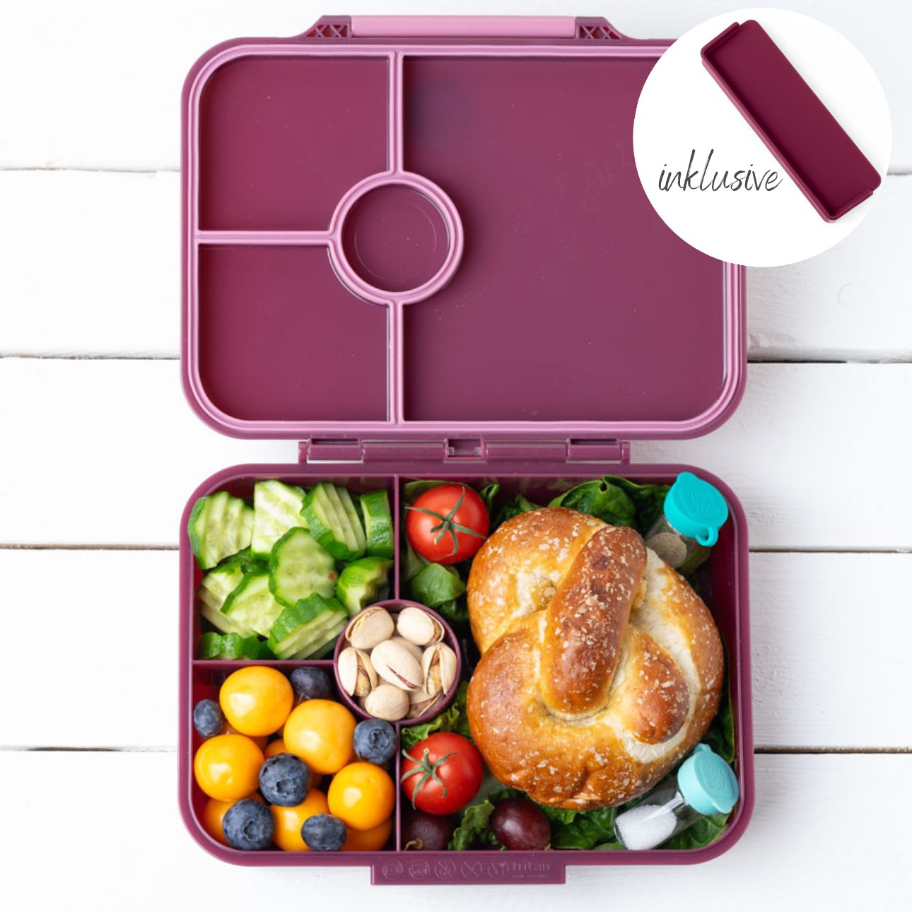 Lekkabox Z'nünibox mit 4 Fächern, Plum