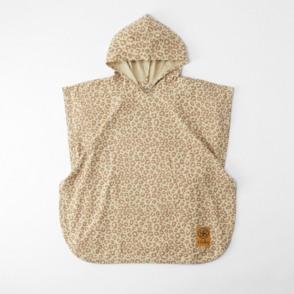 Kinder Poncho mit Kapuze und Leo-Print in Naturtönen