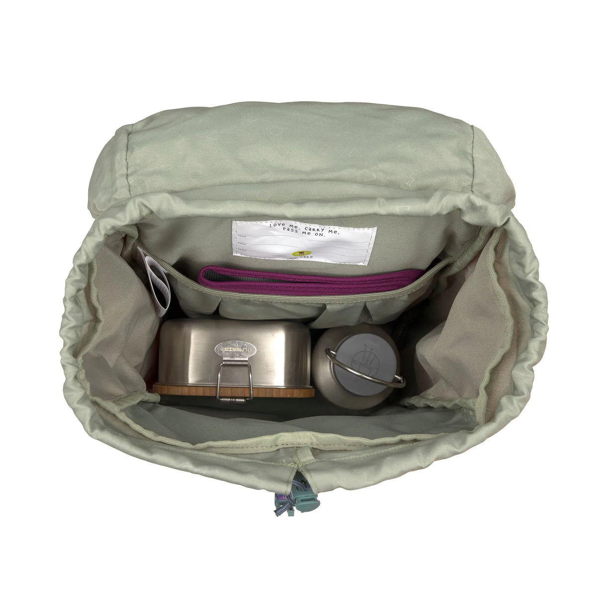 Innenansicht des Lässig Wanderrucksacks Unique in Berry Pink mit Fächern für Znünibox und Trinkflasche, im Bärechind Winterthur.