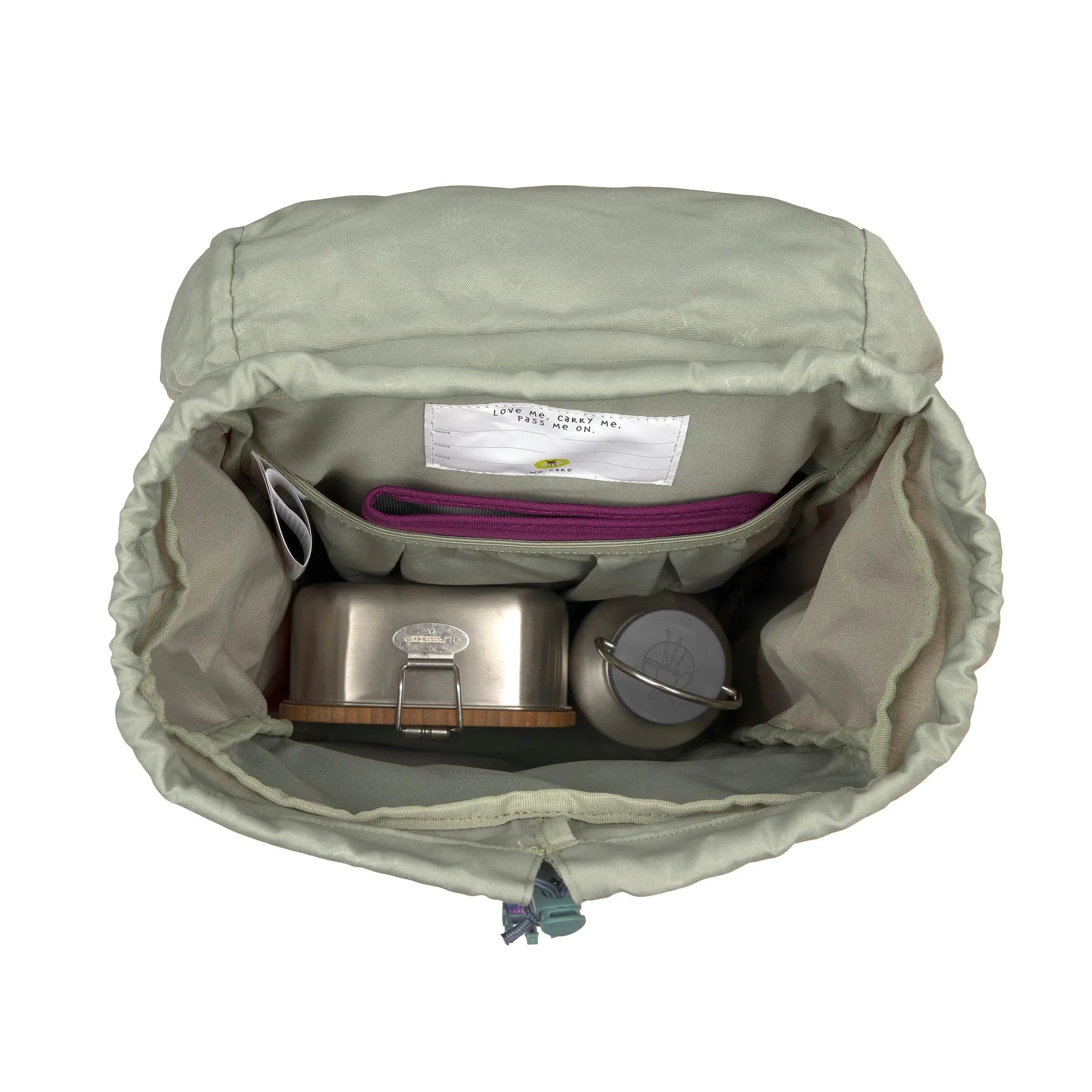Innenansicht des Lässig Wanderrucksacks Unique in Berry Pink mit Fächern für Znünibox und Trinkflasche, im Bärechind Winterthur.