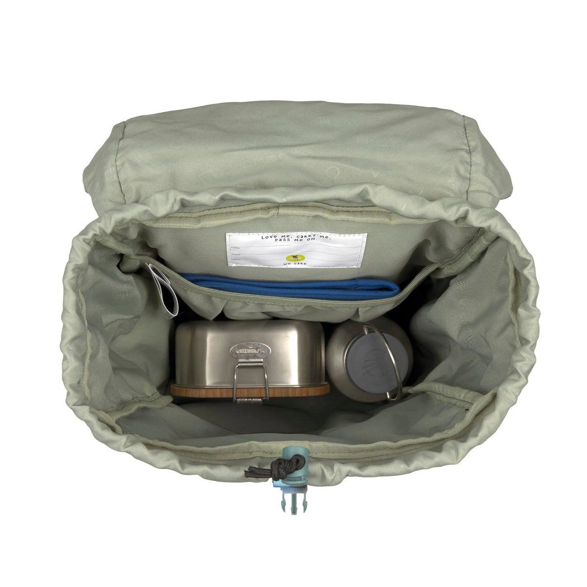 Innenfach des Lässig Wanderrucksacks Unique in Blau Grün mit Platz für Znünibox und Trinkflasche, im Bärechind Winterthur.