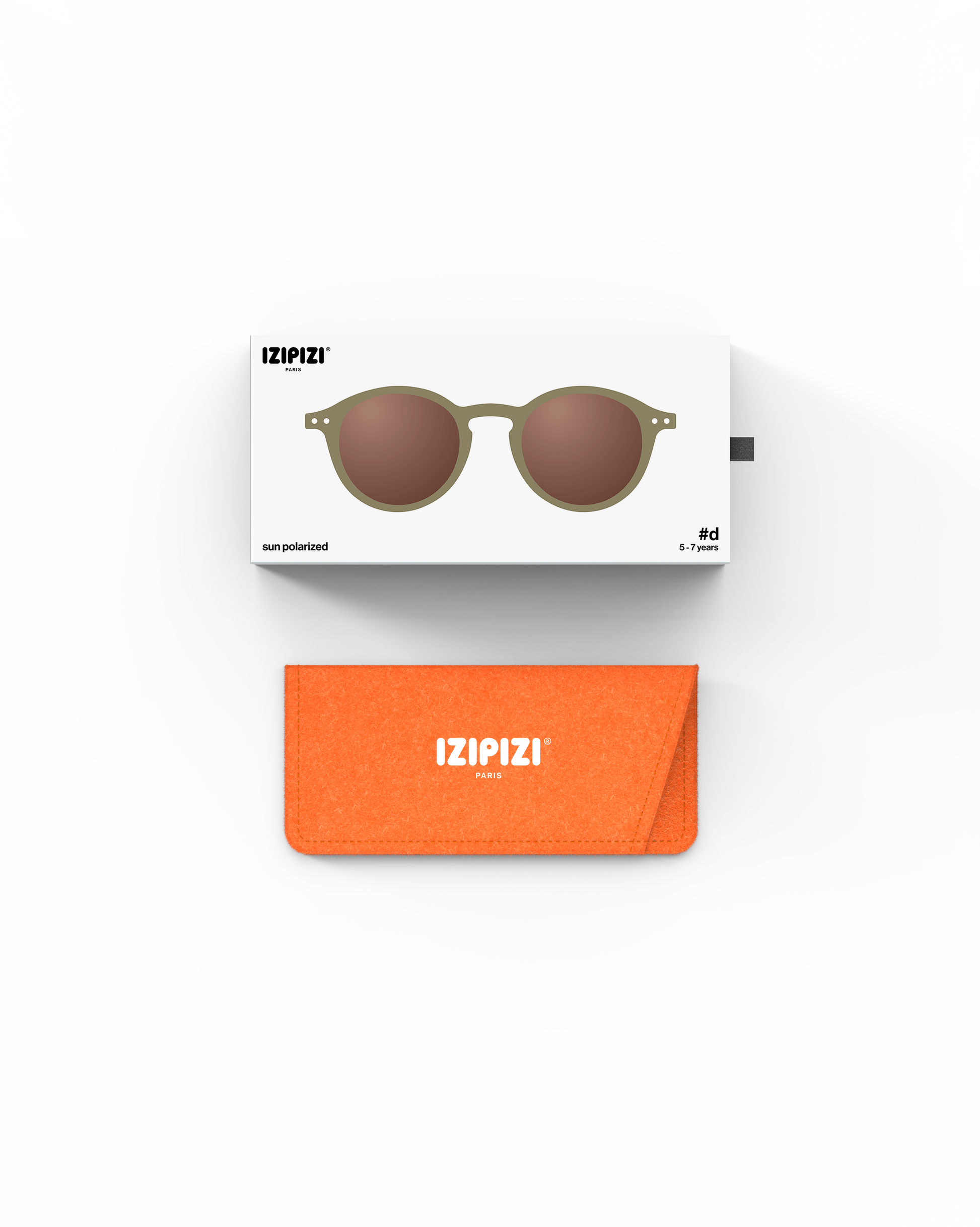 IZIPIZI Kinder Sonnenbrille Olive mit Verpackung und Etui – erhältlich bei Bärechind Winterthur