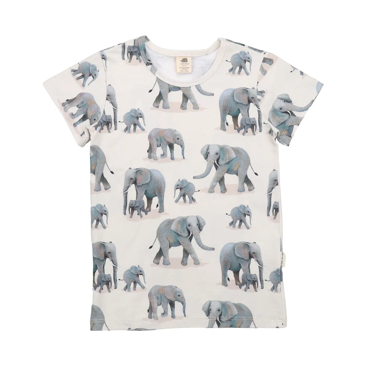 Kinder-T-Shirt aus 100 % Bio-Baumwolle in Weiss mit Elefanten-Muster, nachhaltig hergestellt.
