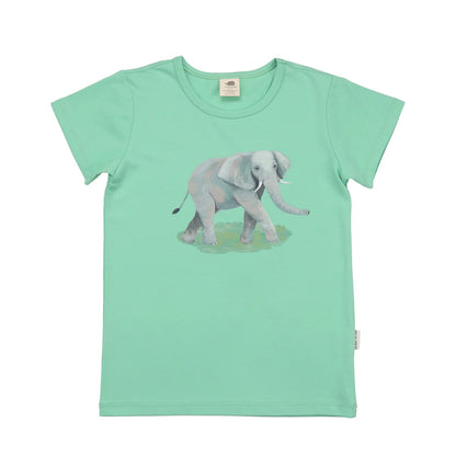 Kinder-T-Shirt in Mintgrün aus 100 % Bio-Baumwolle mit Elefanten-Motiv, nachhaltig produziert.