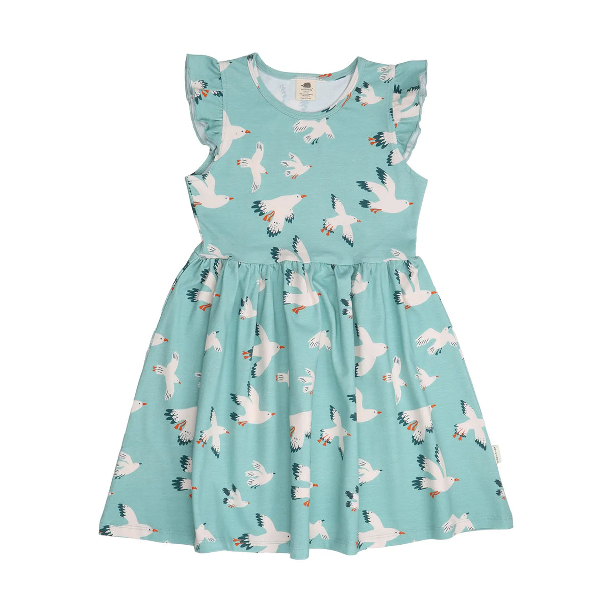Türkisfarbenes Kinderkleid aus Bio-Baumwolle mit Möwen-Motiv und Rüschen-Design, nachhaltig produziert.