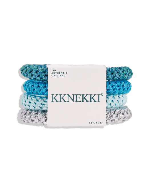 KKNEKKI Haargummi Set in Türkis und Blau, 4 Stück, nachhaltig und elastisch – erhältlich im Bärechind in Winterthur, Zürich, Schweiz