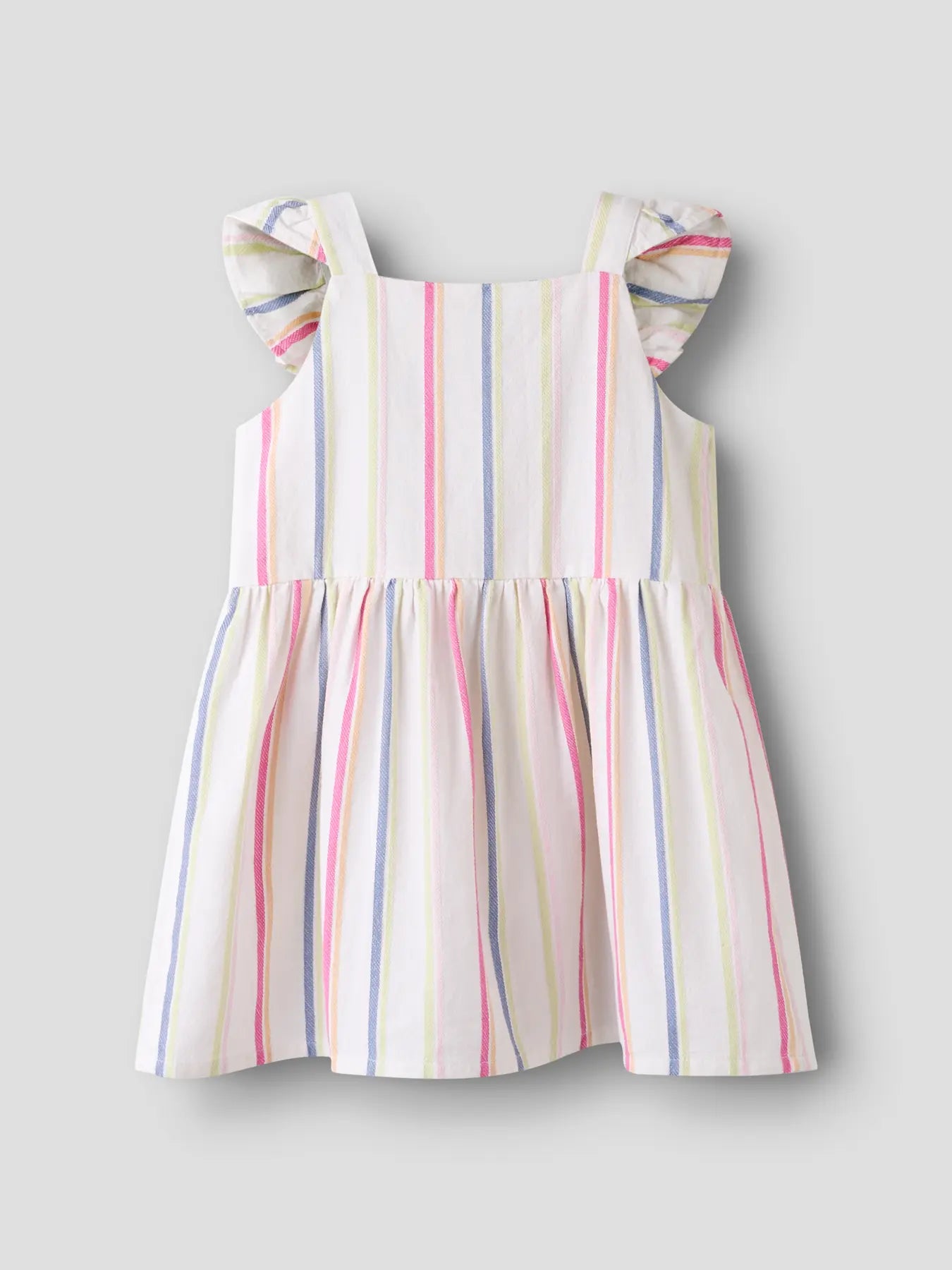 Bunt gestreiftes Kinderkleid aus Chambray Baumwolle mit Flügelärmeln, erhältlich bei Bärechind Winterthur Zürich Schweiz.