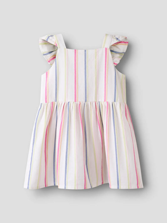 Bunt gestreiftes Kinderkleid aus Chambray Baumwolle mit Flügelärmeln, erhältlich bei Bärechind Winterthur Zürich Schweiz.