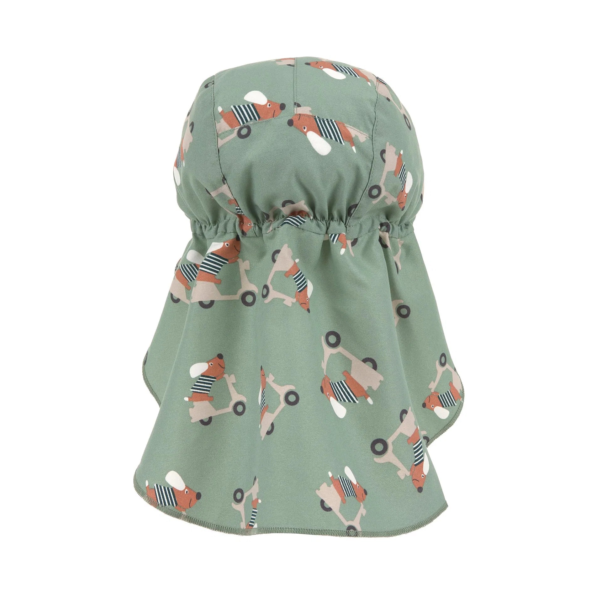 Lässig Baby Badehut grün mit Hunde-Muster aus recyceltem Polyester bei Bärechind Winterthur, Zürich, Schweiz, Rückansicht mit Nackenschutz.