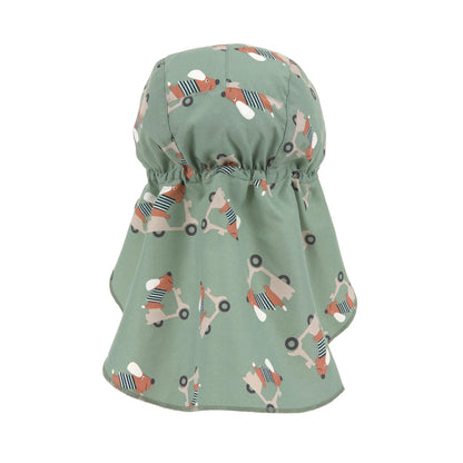 Lässig Baby Badehut grün mit Hunde-Muster aus recyceltem Polyester bei Bärechind Winterthur, Zürich, Schweiz, Rückansicht mit Nackenschutz.