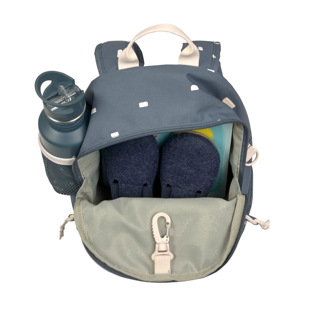 Innenansicht vom LÄSSIG Kindergartenrucksack Mini Happy Prints mit Platz für Znüni und Trinkflasche
