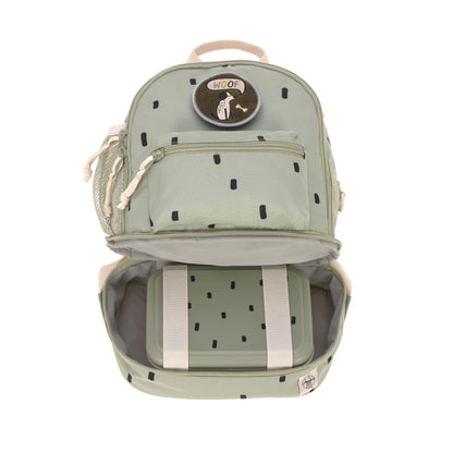 Geöffneter Lässig Kindergartenrucksack Mini Happy Prints Oliv mit übersichtlichem Hauptfach für Kindergarten und Alltag, im Bärechind Winterthur.