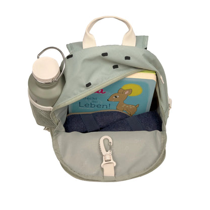 Innenansicht des Lässig Kindergartenrucksacks Mini Happy Prints Oliv mit Platz für Znünibox, Trinkflasche und Lieblingsspielzeug, erhältlich im Bärechind Winterthur.