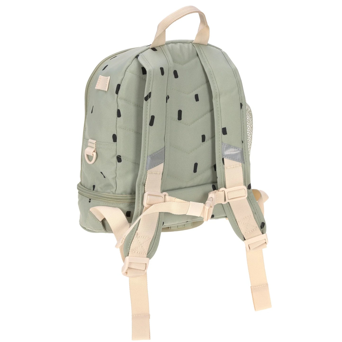 Rückseite des Lässig Kindergartenrucksacks Mini Happy Prints Oliv mit gepolsterten Schultergurten und Brustgurt für hohen Tragekomfort, im Bärechind Winterthur.