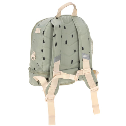 Rückseite des Lässig Kindergartenrucksacks Mini Happy Prints Oliv mit gepolsterten Schultergurten und Brustgurt für hohen Tragekomfort, im Bärechind Winterthur.