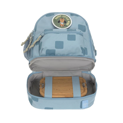 Geöffneter Lässig Kindergartenrucksack Mini Pattern Party Blau mit übersichtlichem Hauptfach für Znünibox und Trinkflasche, im Bärechind Winterthur.