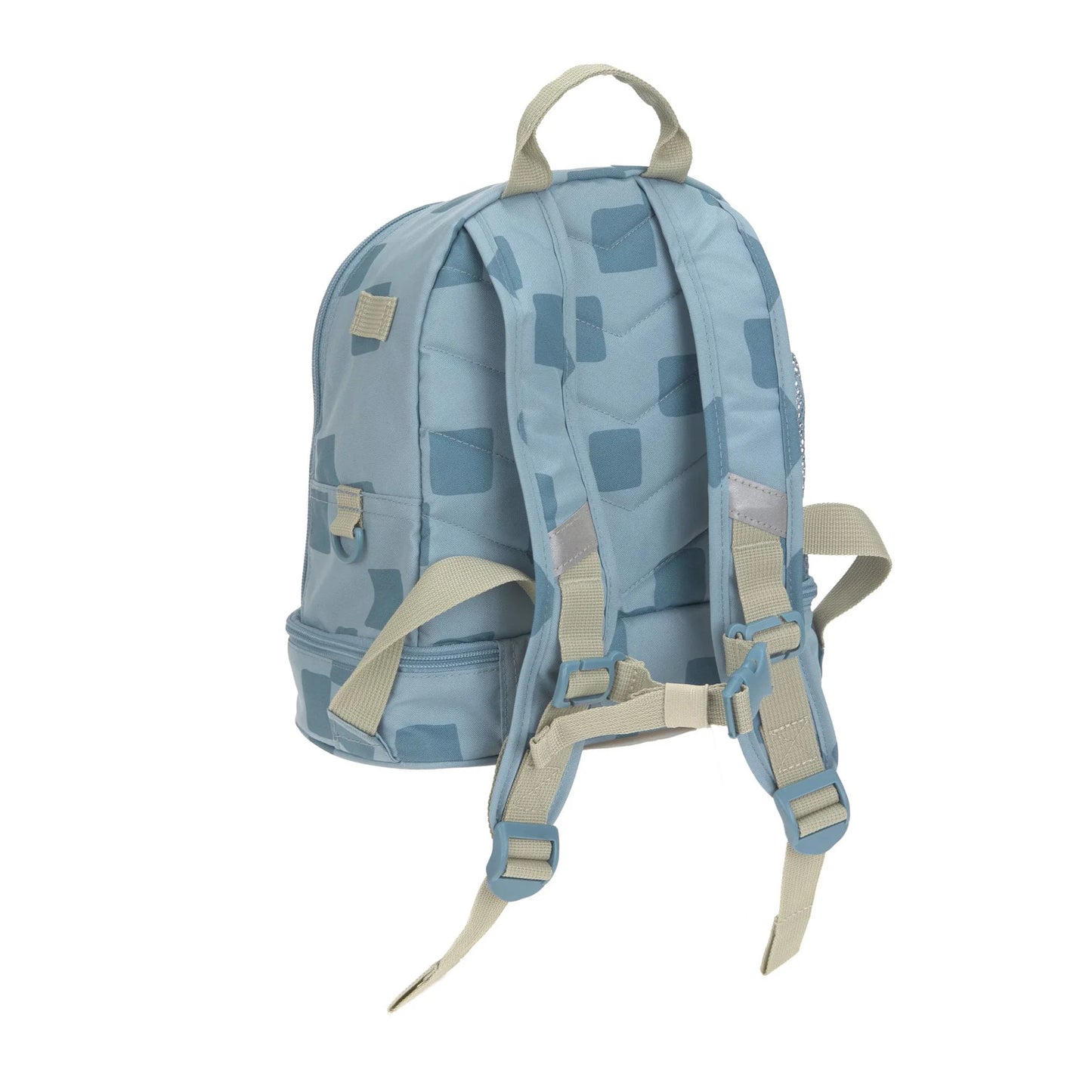 Rückseite des Lässig Kindergartenrucksacks Mini Pattern Party Blau mit gepolsterten Schultergurten und Brustgurt für hohen Tragekomfort, erhältlich im Bärechind Winterthur.