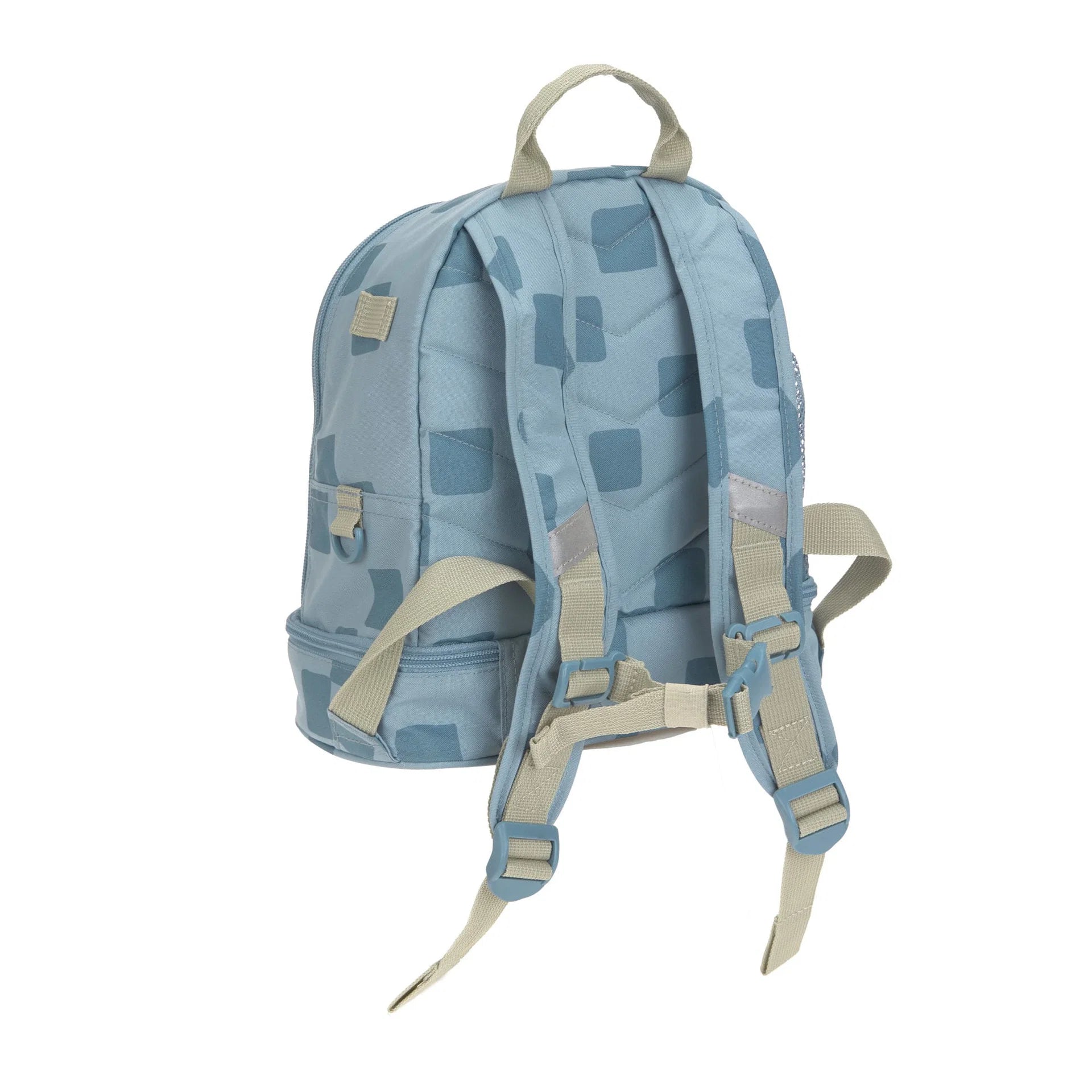 Rückseite des Lässig Kindergartenrucksacks Mini Pattern Party Blau mit gepolsterten Schultergurten und Brustgurt für hohen Tragekomfort, erhältlich im Bärechind Winterthur.