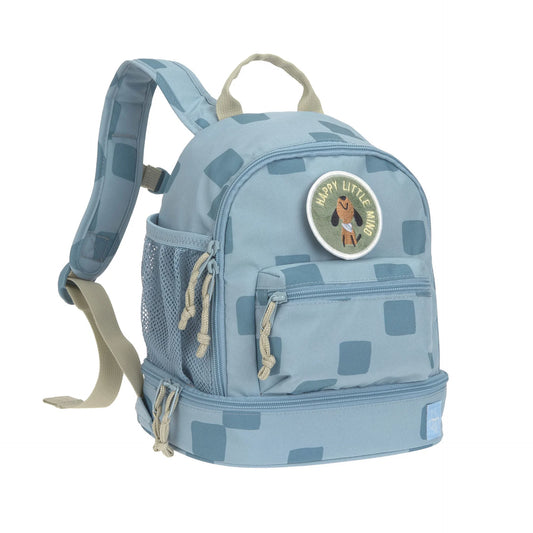 Lässig Kindergartenrucksack Mini Pattern Party Blau in der Vorderansicht, leichter Kinderrucksack für Kindergarten und Ausflüge, erhältlich im Bärechind Winterthur.