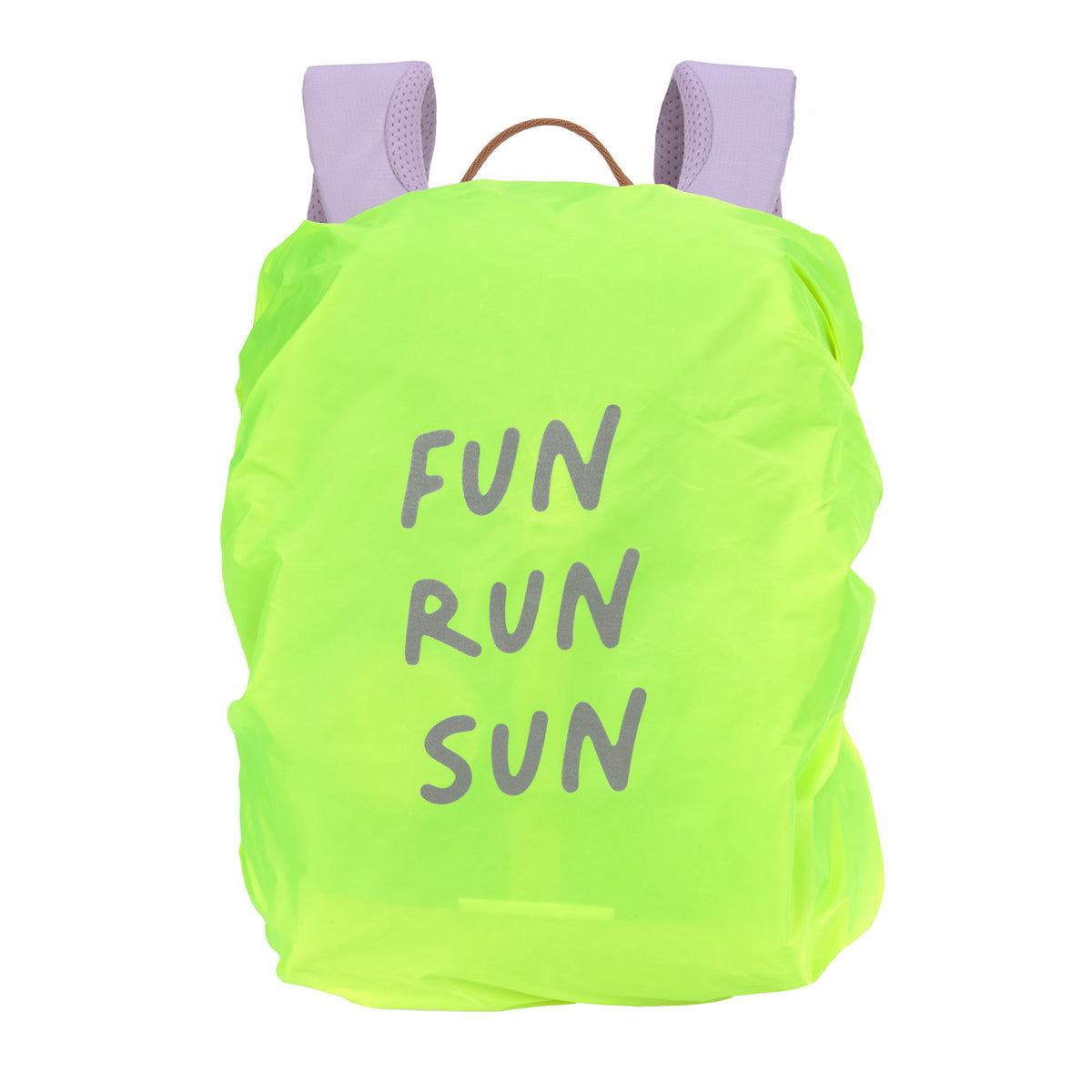 Integrierter Regenschutz in Neongrün mit Aufdruck Fun Run Sun für den Lässig Wanderrucksack in Lilac, im Bärechind Winterthur.