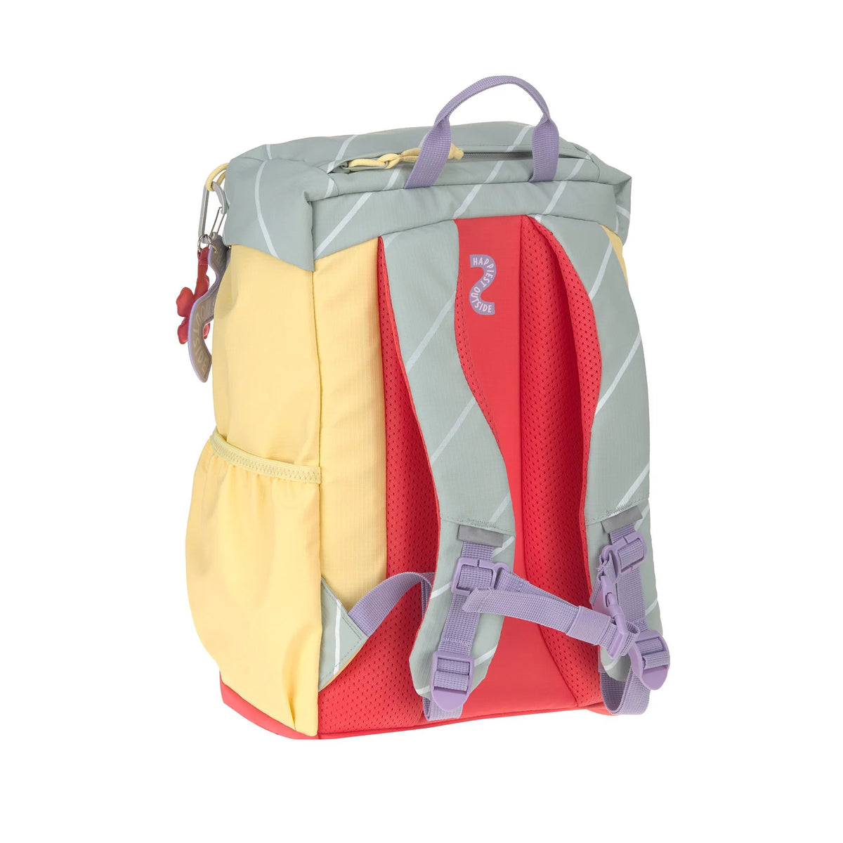 Rückseite des Lässig Wanderrucksacks Happy Trails Blume mit gepolsterten Schultergurten und Brustgurt für hohen Tragekomfort, erhältlich im Bärechind Winterthur.