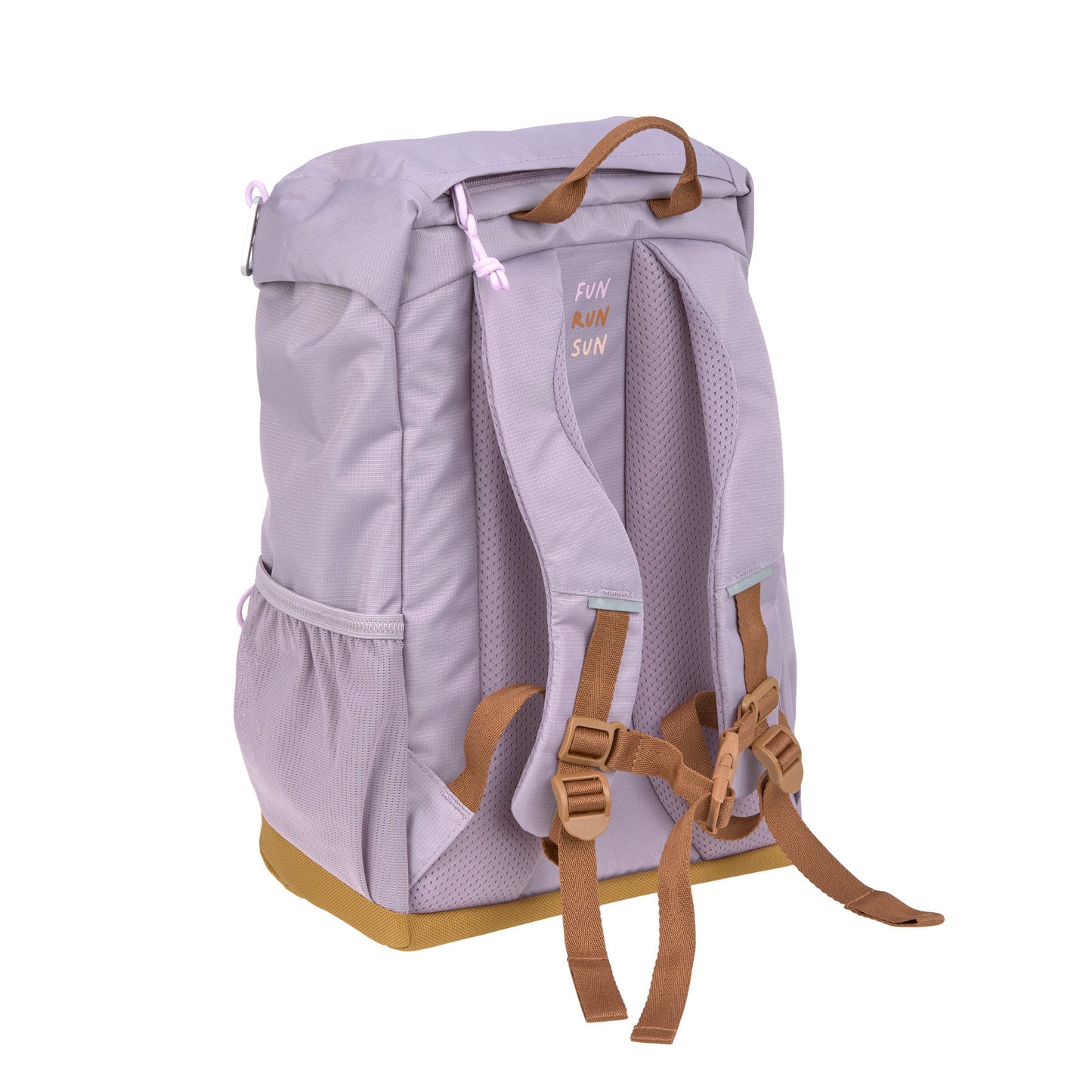 Seitenansicht des Lässig Wanderrucksacks Little Gang in Lilac, bequem und funktional für kleine Abenteurer, im Bärechind Winterthur.
