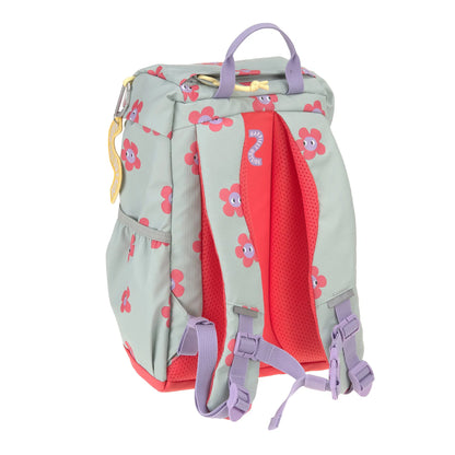 Rückseite des Lässig Wanderrucksacks Happy Trails Blume 9 Liter mit gepolsterten Schultergurten und Brustgurt für kleine Wanderer, im Bärechind Winterthur.