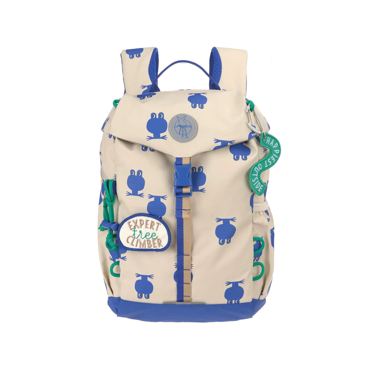 Lässig Wanderrucksack Kinder 9 Liter Happy Trails Frosch in der Vorderansicht, idealer Rucksack für Wanderausflüge und die Waldspielgruppe, erhältlich im Bärechind Winterthur.